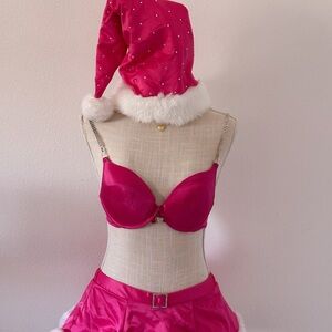 Victoria's Secret Festive Pink Bra and Skirt Set with Santa Hat